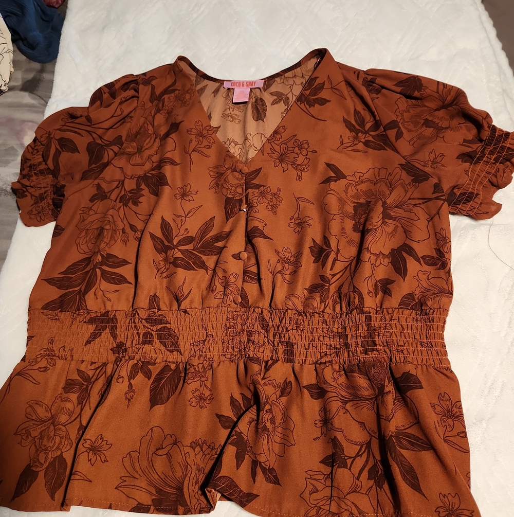 City Chic rust brown floral V-neck smocked blouse